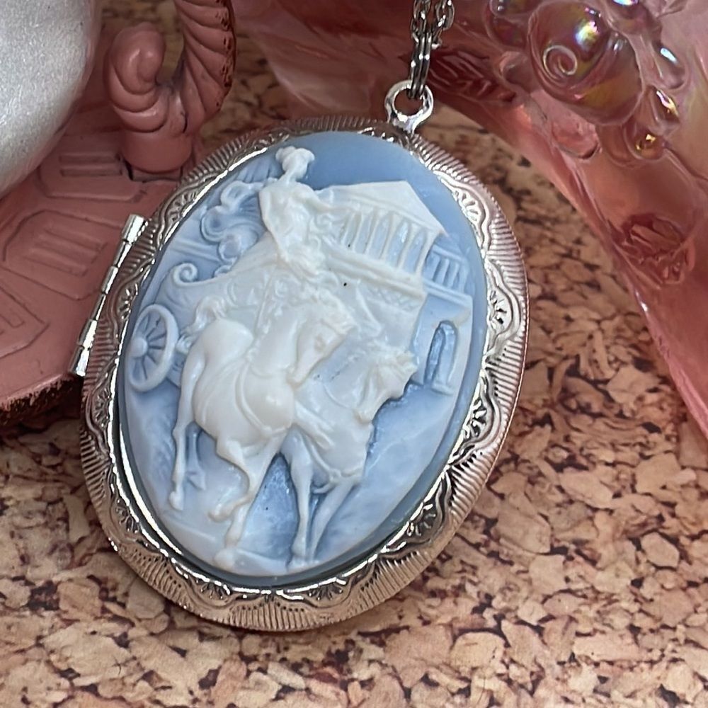 Renaissance Roman Chariot Locket Blue Necklace NEW